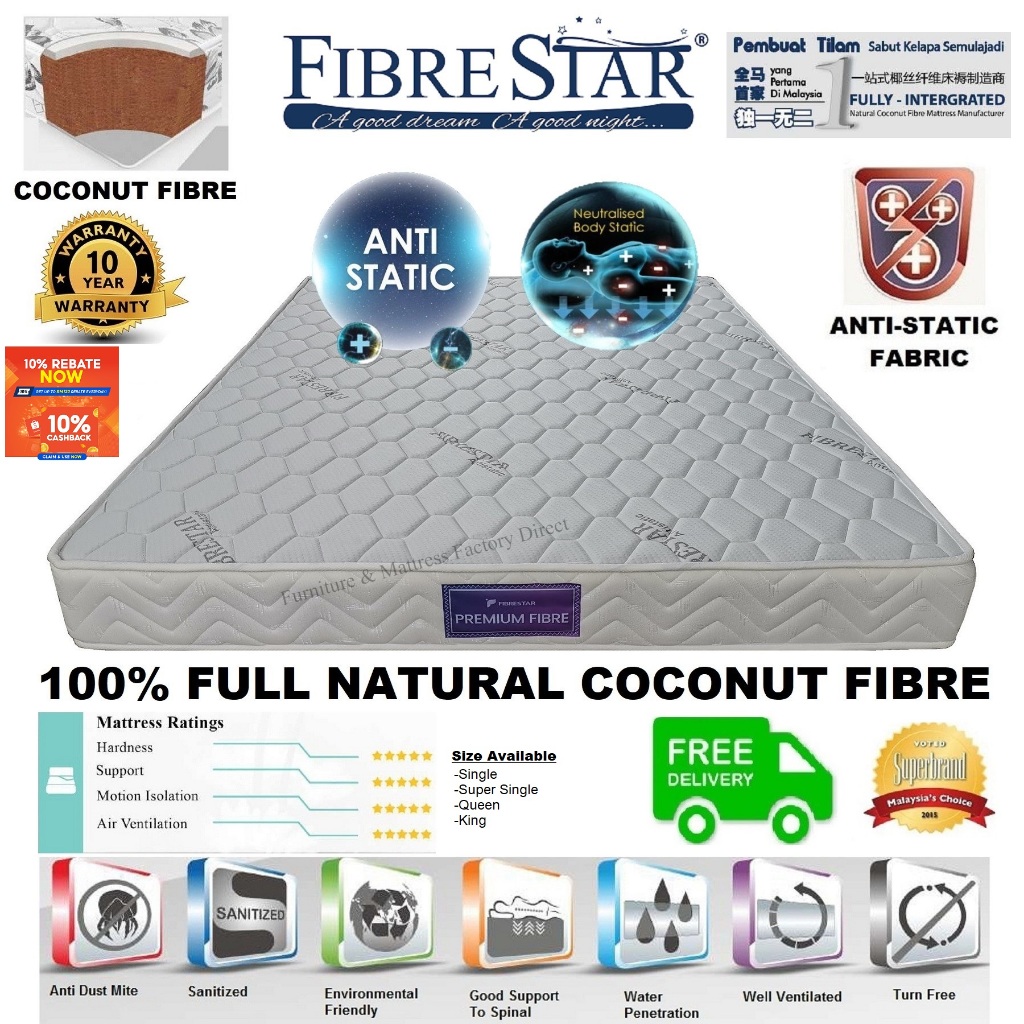 Fibre Star 100% Full Coconut Fibre Single/S.Single/Queen/King Size Mattress/Tilam Fiber Sabut Kelapa (10 Years Warranty)