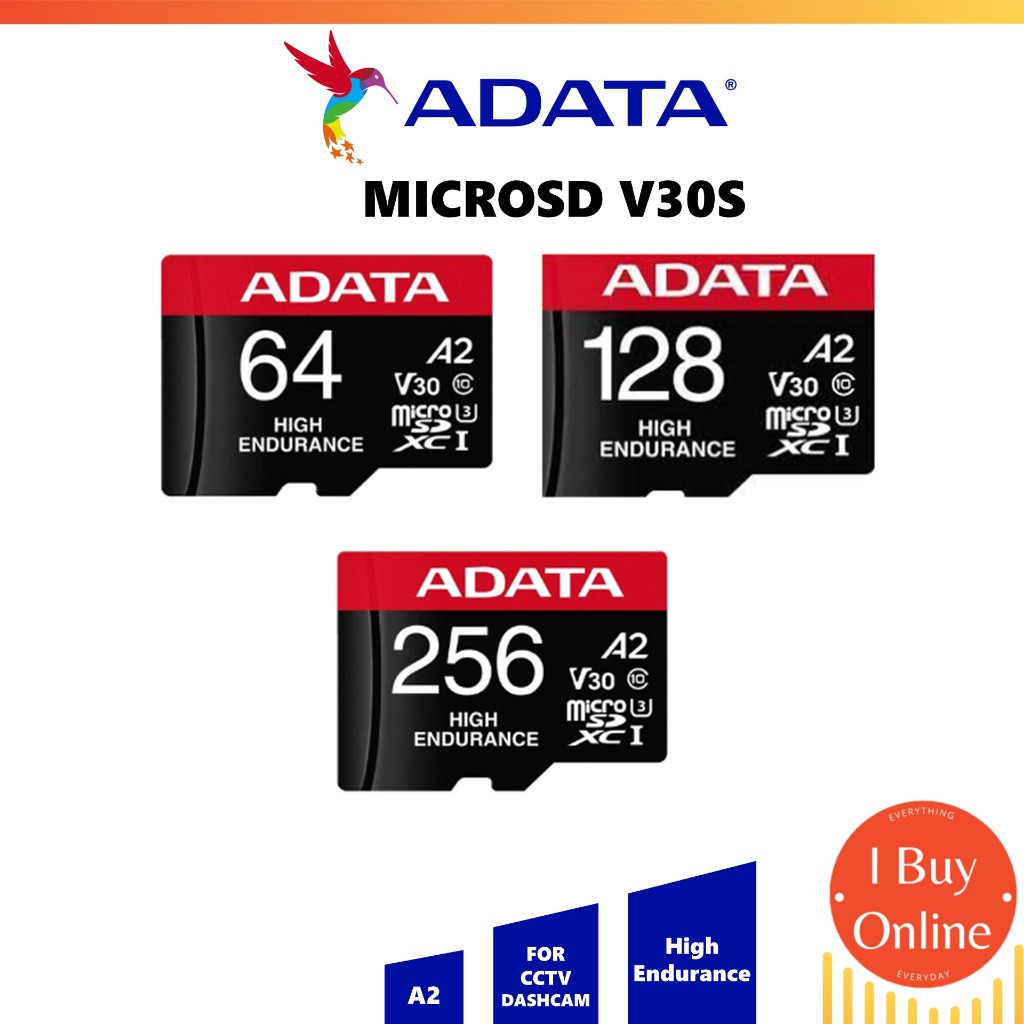 ADATA MicroSD Card V30S High Endurance CCTV & Car Dashcam High Speed 100/80 MB/s Free Adapter - 256GB 128GB 64GB