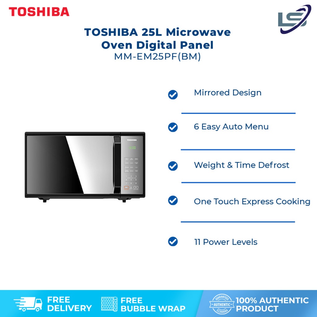 TOSHIBA 25L Microwave Oven Digital Panel MM-EM25PF(BM) | 6 Easy Auto Menu | One Touch Express Cooking | 11 Power Levels