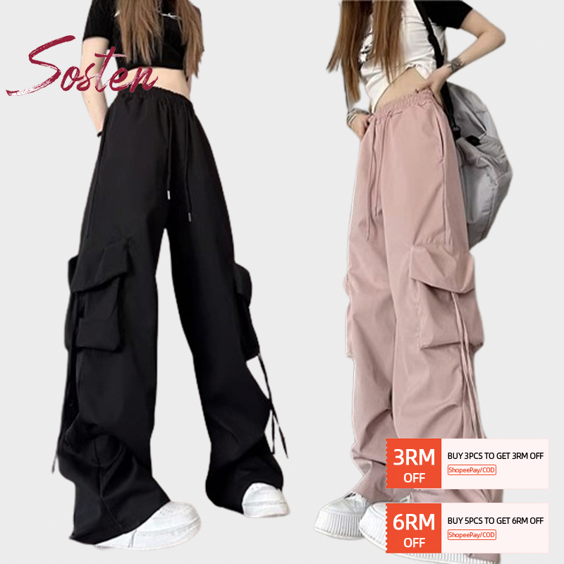 【NEW 2024】ST136 S-2XL Women Casual Cargo Long Pants Elastic Loose Straight Korean Street Style 女款工装裤休闲直筒阔腿裤
