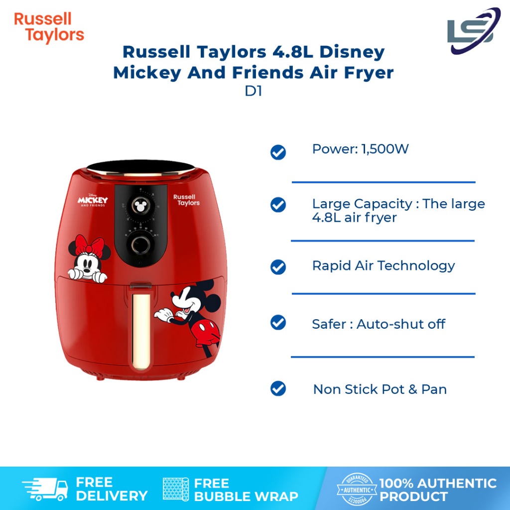 Russell Taylors 4.8L Disney Mickey And Friends Air Fryer D1 | 1500W Power | Rapid Air Technology | Auto-Shut Off