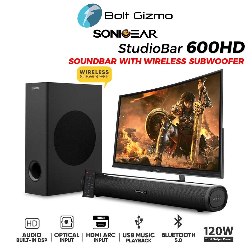 SonicGear StudioBar 600HD Wireless Subwoofer Bluetooth 5.0 Strong Bass TV Sound Bar Speaker ARC AUX 120 Watts