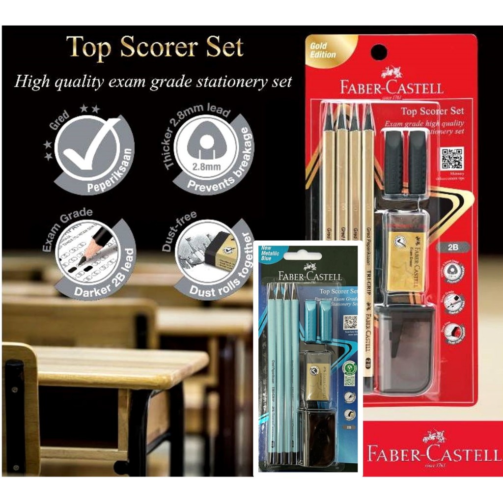 Faber Castell Stationery Set Top Scorer Set 212143 Exam Kit Stationary Set (Gold Edition / Metallic Blue) Set Alat Tulis