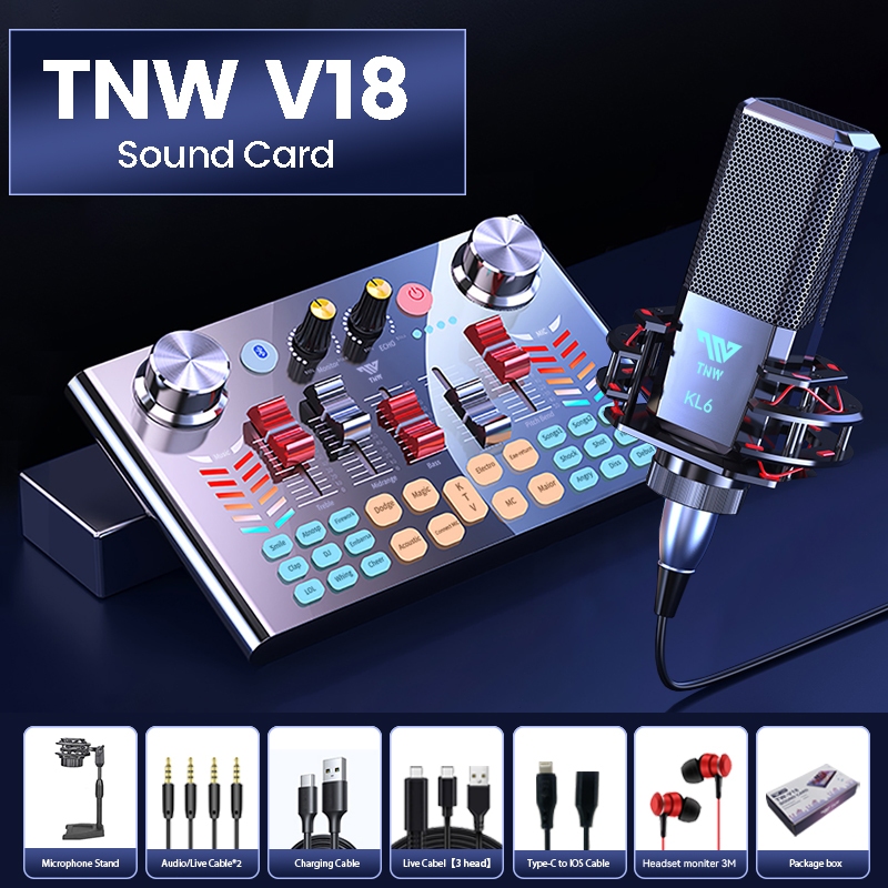TNW V18 Sound Card Microphone Sound Mixer Sound Card Karaoke Audio Mixing with LED Light for Sing Live Streaming