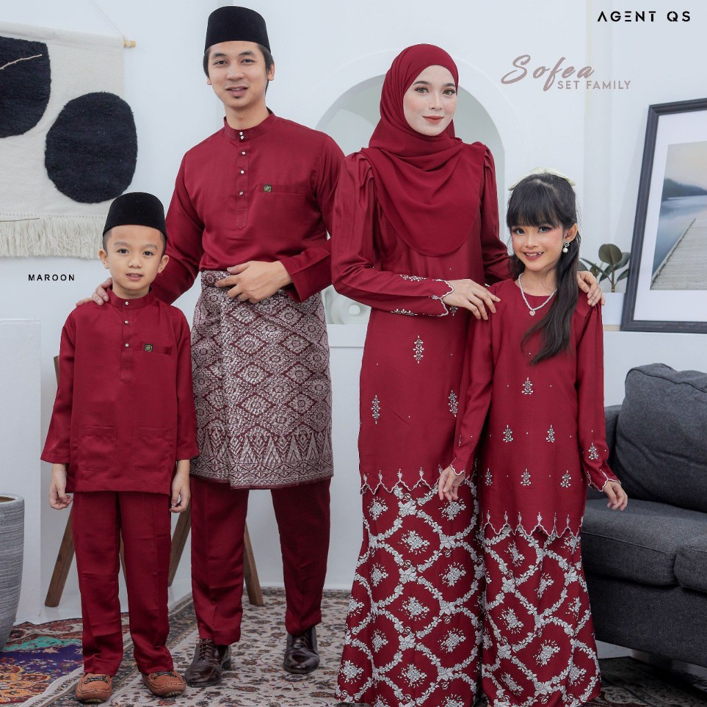 (MAROON) FULL SET FAMILY BAJU KURUNG SOFEA RAYA by ALLIN