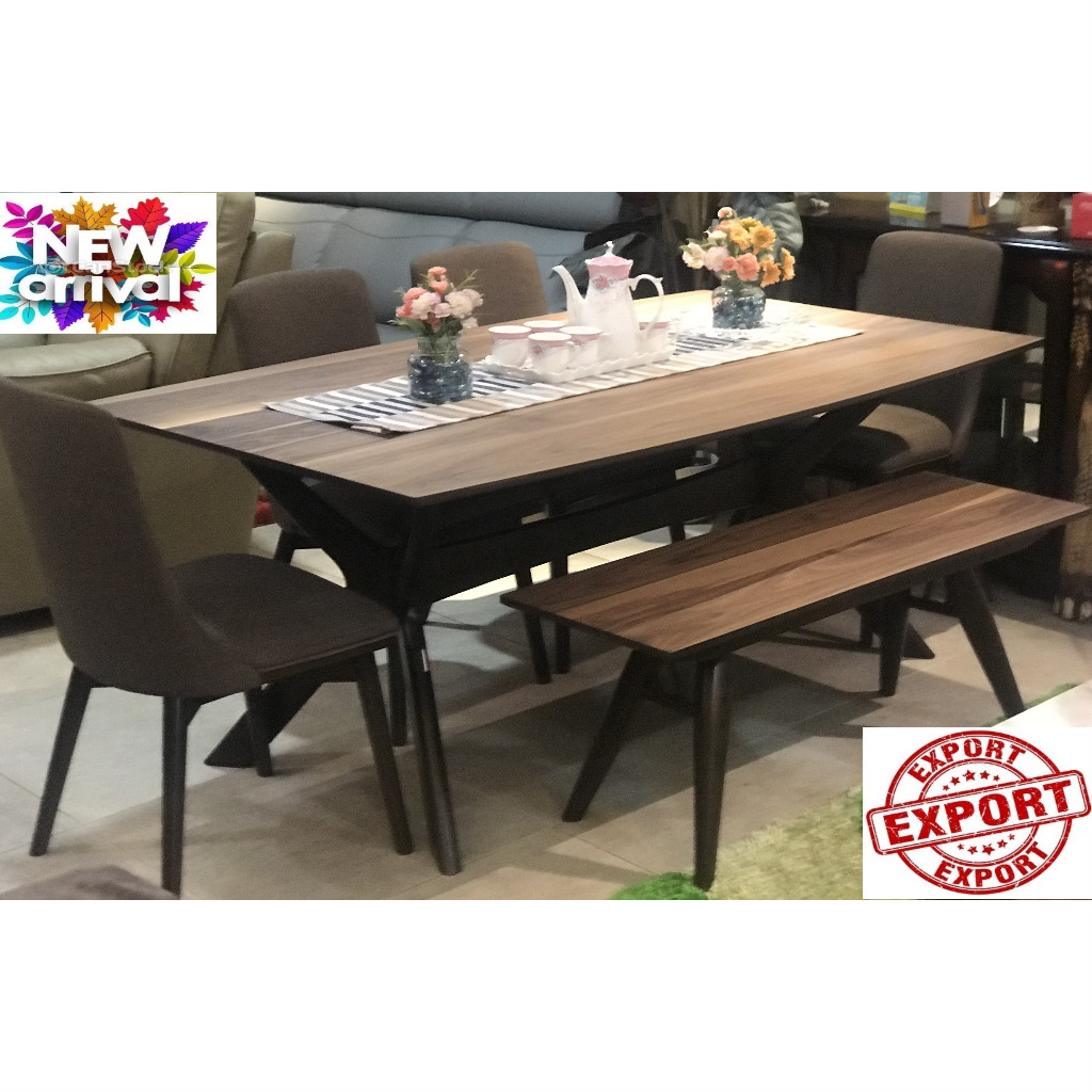 MADRID, 182L x 105W x 76.5H Dining Table + 4 Chairs in Linen Fab + 1 Bench, 1 + 6 SET in Sap Walnut Veneer Table & Bench