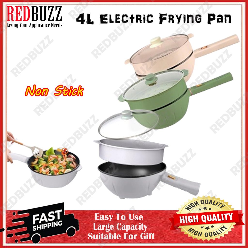 REDBUZZ 4L Electric Frying Pan Non-Stick Wok With Steamer Frying Pan Electric Cooker Cooking Pot Wok Pan Swiss Thomas