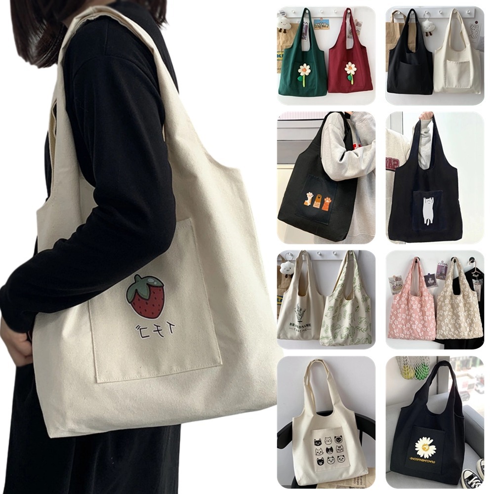 Ready Stock Student Tote Bag Korean Style Women Print Storage Canvas Shoulder Totebag