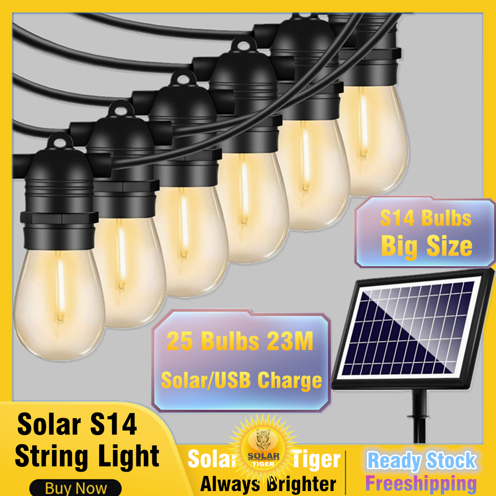 SolarTiger Solar Powered Outdoor String Light S14 LED Bulb Lampu Solar Lighting for Garden Deco