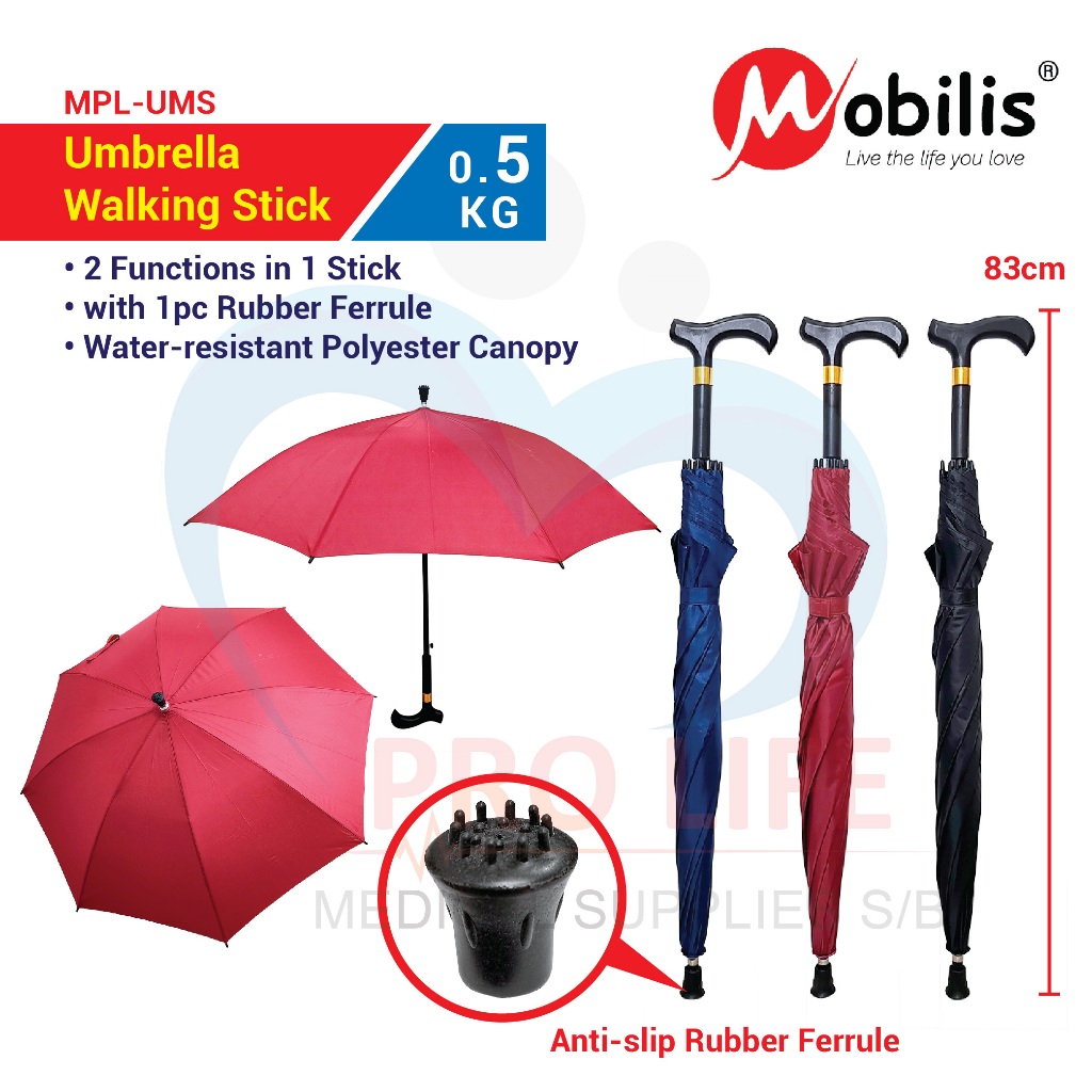 Mobilis Umbrella Walking Stick (Red, Blue, Black)