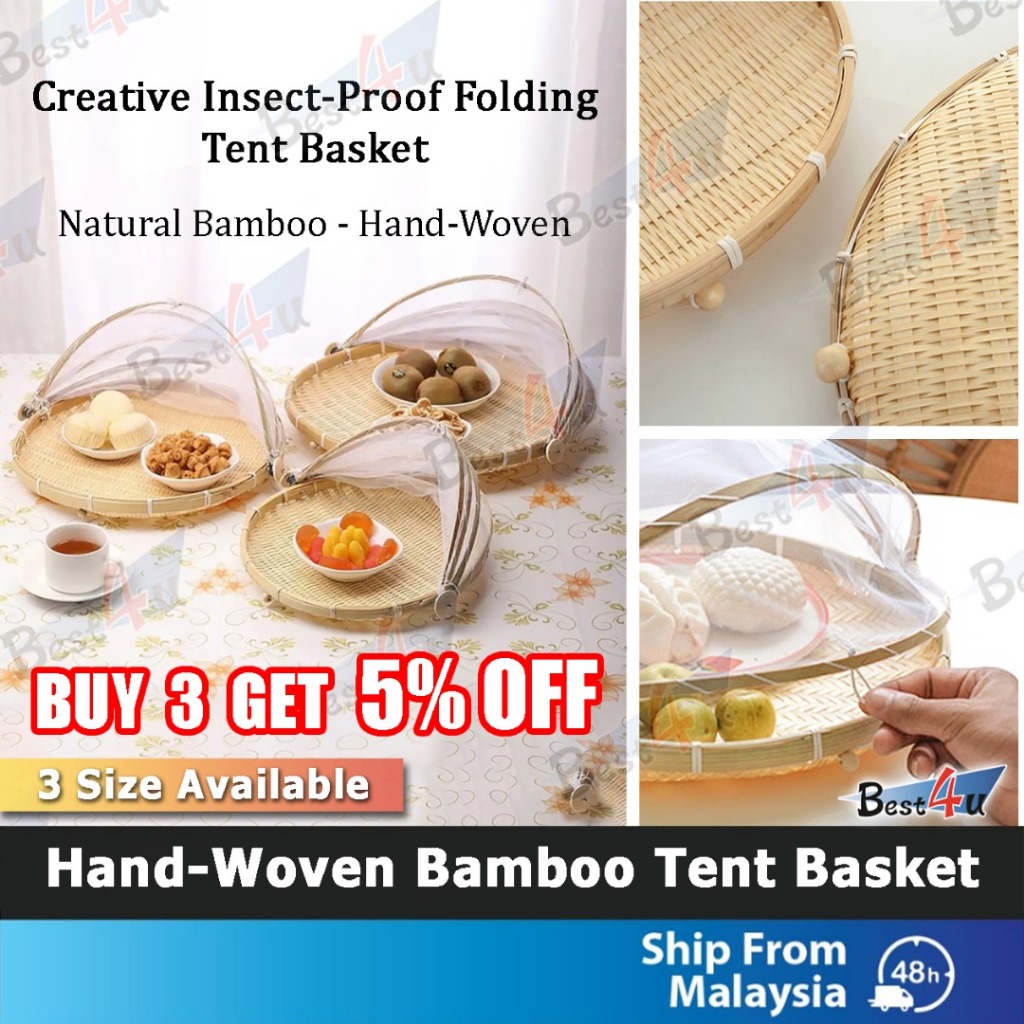 BEST4U Hand-Woven Bamboo Tent Basket | Food Serving Dustproof Round Picnic Basket | Serving Tray