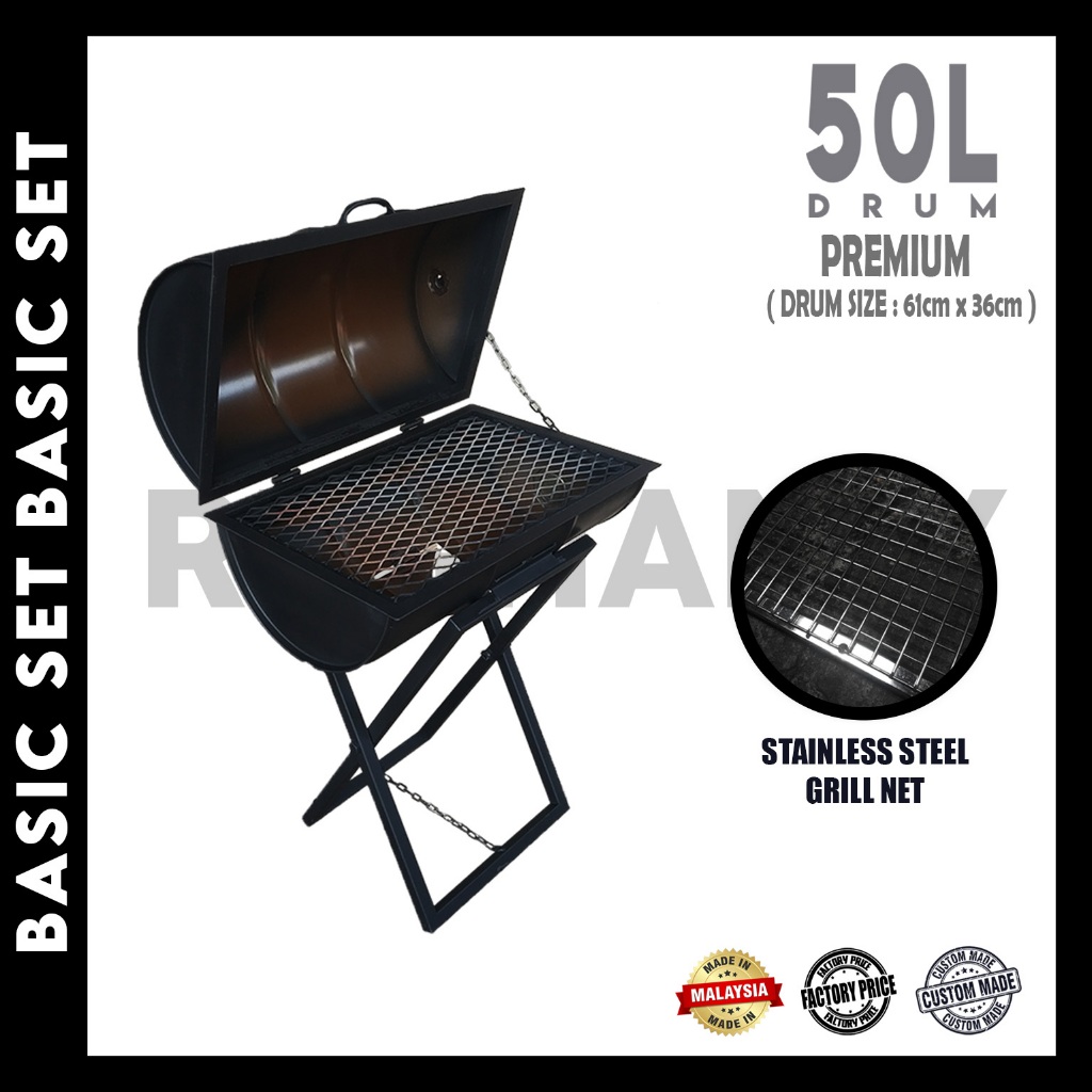 BBQ Grill Outdoor Drum Set Tong Drum 50L BBQ Set Complete With Stainless Steel Grill Net Medium Size