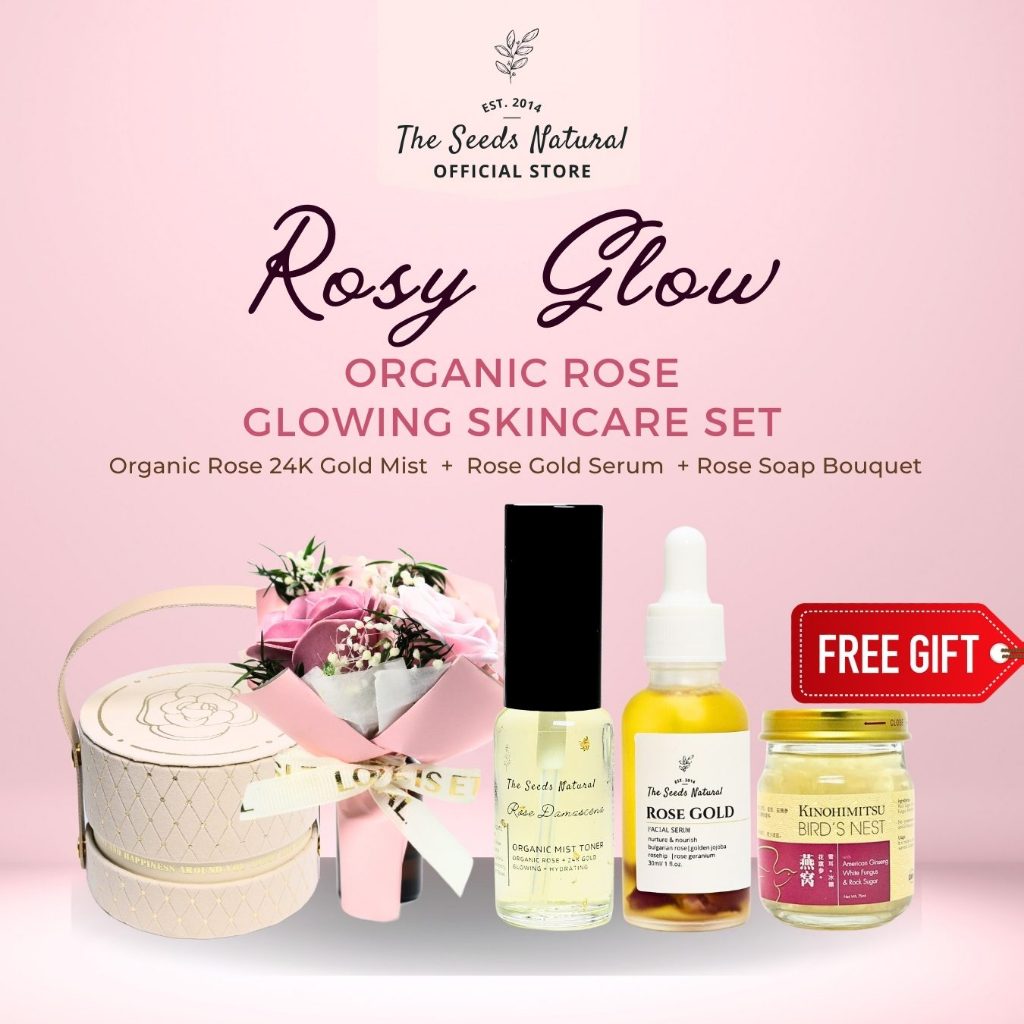 The Seeds Natural Rosy Glow Organic Rose Moisturizing Skincare Set Face Serum Rose Toner Anti-aging Moisturizer Lip Balm