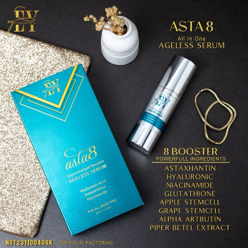 Asta 8 Ageless Serum by Edika Yusof EY Cosmetics with Astaxantine SPF 30 Niacinamide Hyaluronic Acid Apple Stem Vinifera
