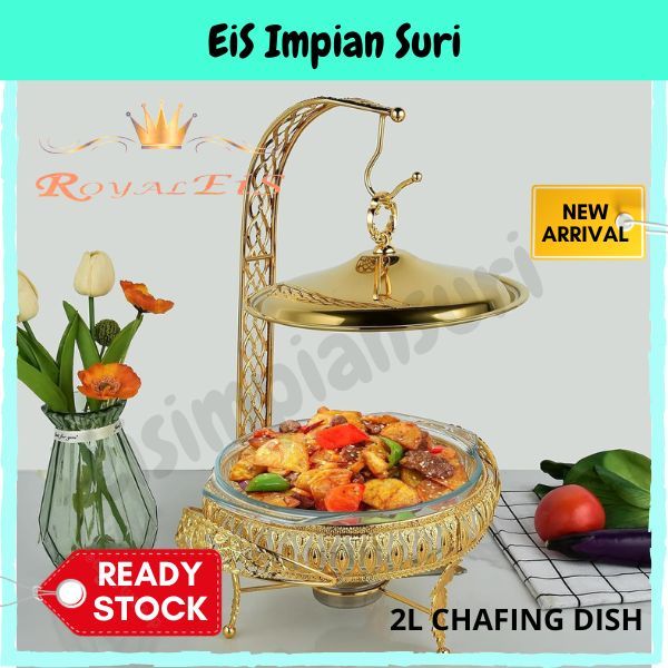 (Ready Stock!!) Royal Eis 2L Chafing Dish Stainless Steel Gold Food Warmer Chafing Dishes Glass Rectangle Buffet Set