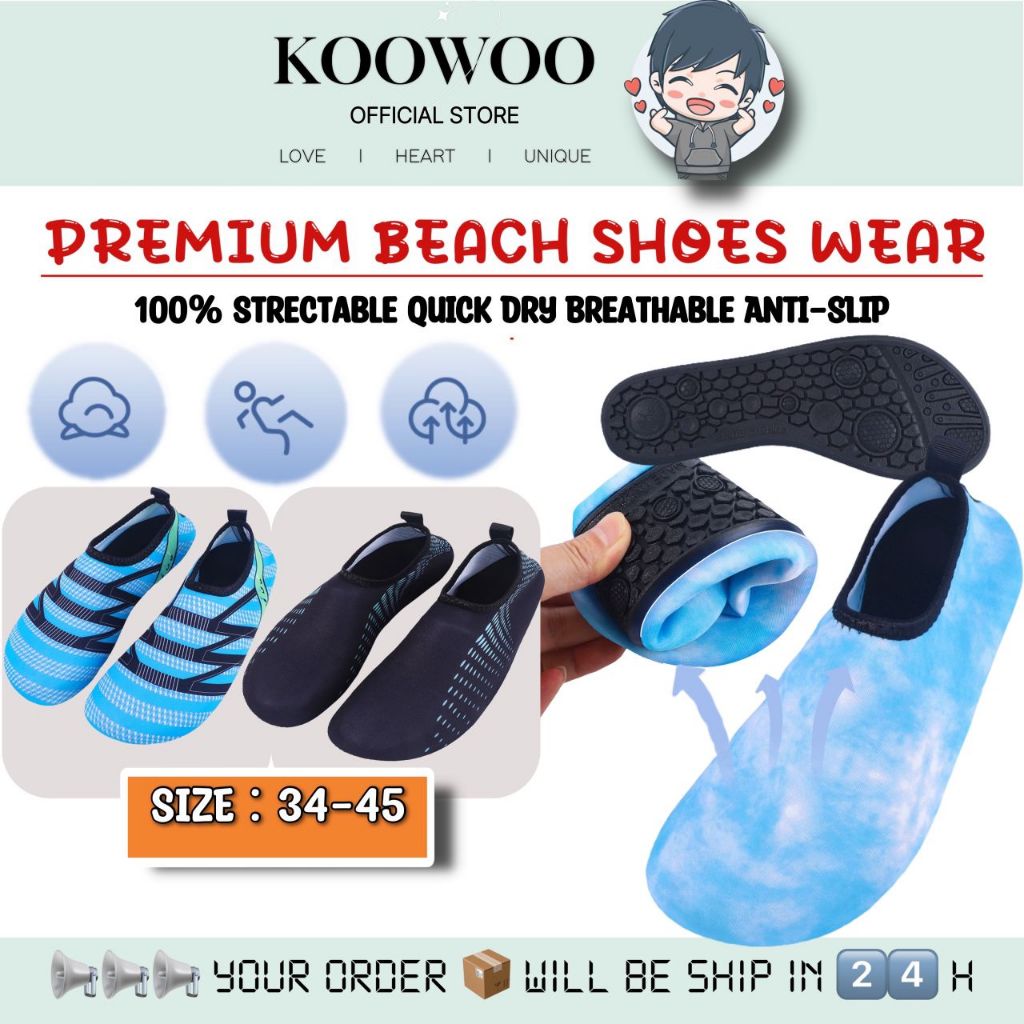 KOOWOO Premium Beach Shoe Anti-slip Breathable Comfortable Tight Fitting Elastic Size 34-45