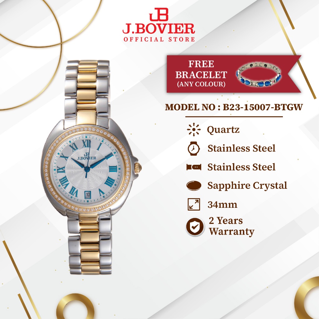 [2 Years Warranty] J.Bovier Diamond Quartz Women Watch Jam Tangan Wanita B23-15007-BTGW