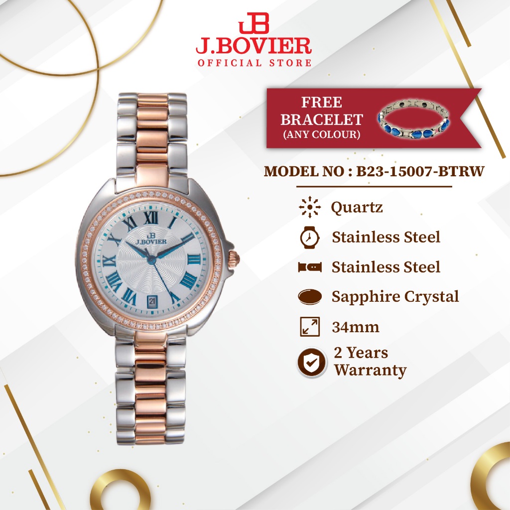 [2 Years Warranty] J.Bovier Diamond Quartz Women Watch Jam Tangan Wanita B23-15007-BTRW