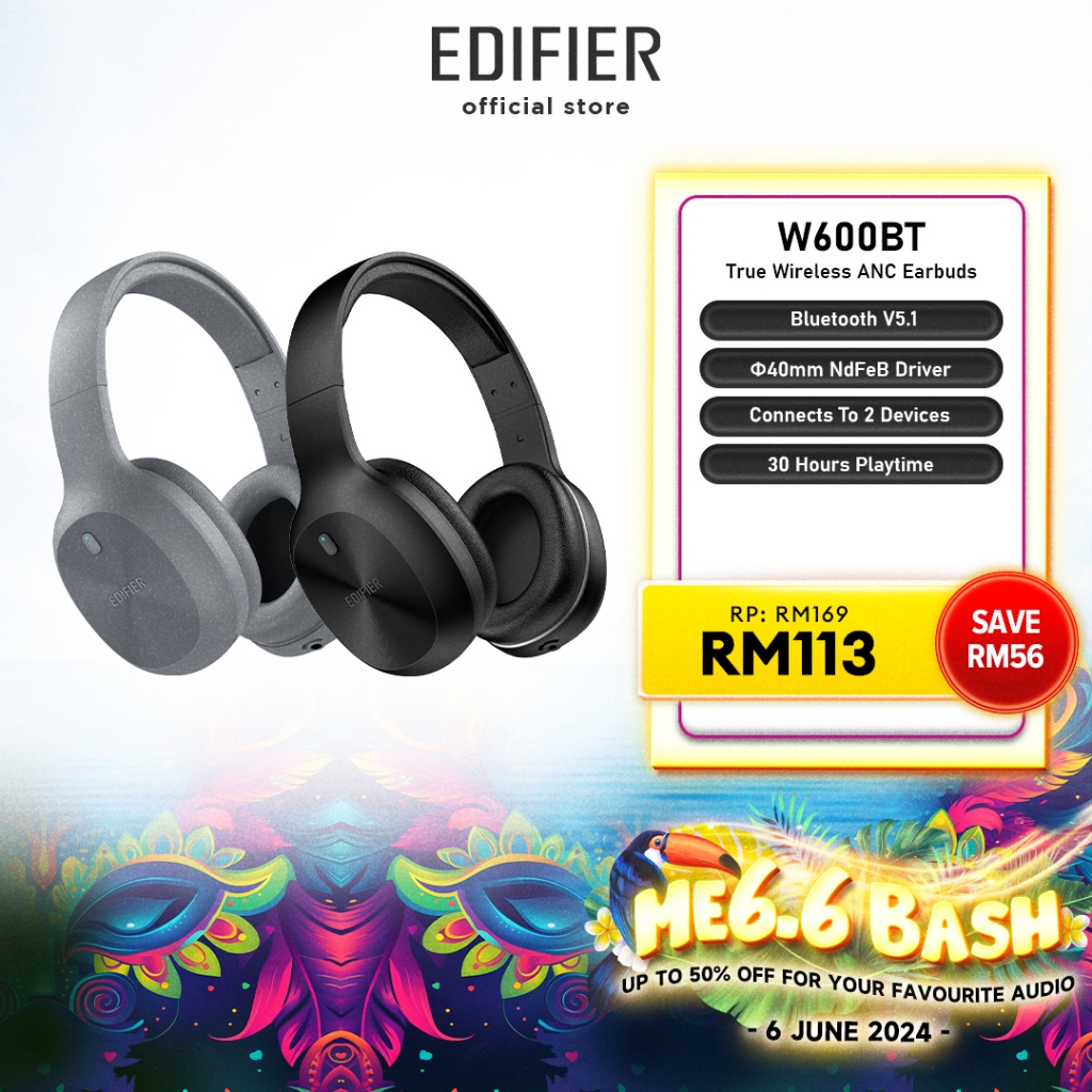 Edifier W600BT Headphone - Bluetooth V5.1 | Connect 2 Devices | Built in Mic | Wired or Wireless | 30 hours Playtime