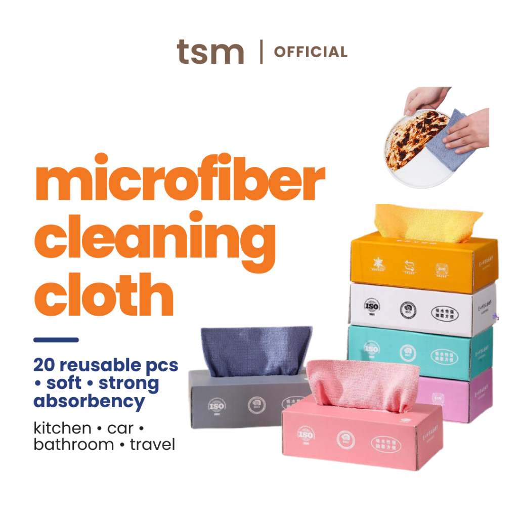 TSM 20 pcs Microfiber Kitchen Towel | Cleaning Cloth with Dispenser Box | Super Absorbent | Reusable | Kain Lap 厨房抹布毛巾