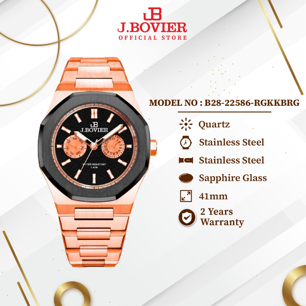 [2 Years Warranty] J.Bovier Stainless Steel Quartz Unisex Watch Jam Tangan Unisex B28-22586-RGKKBRG