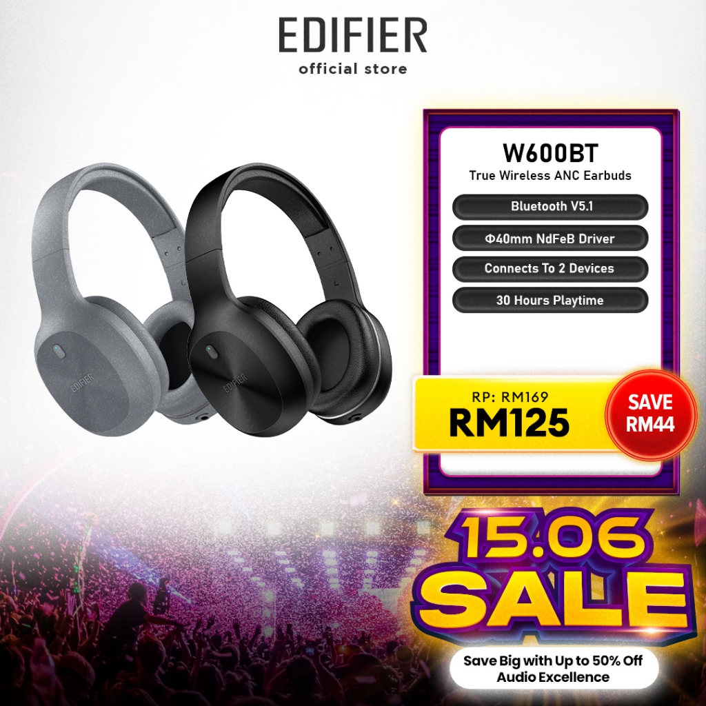 Edifier W600BT Headphone - Bluetooth V5.1 | Connect 2 Devices | Built in Mic | Wired or Wireless | 30 hours Playtime