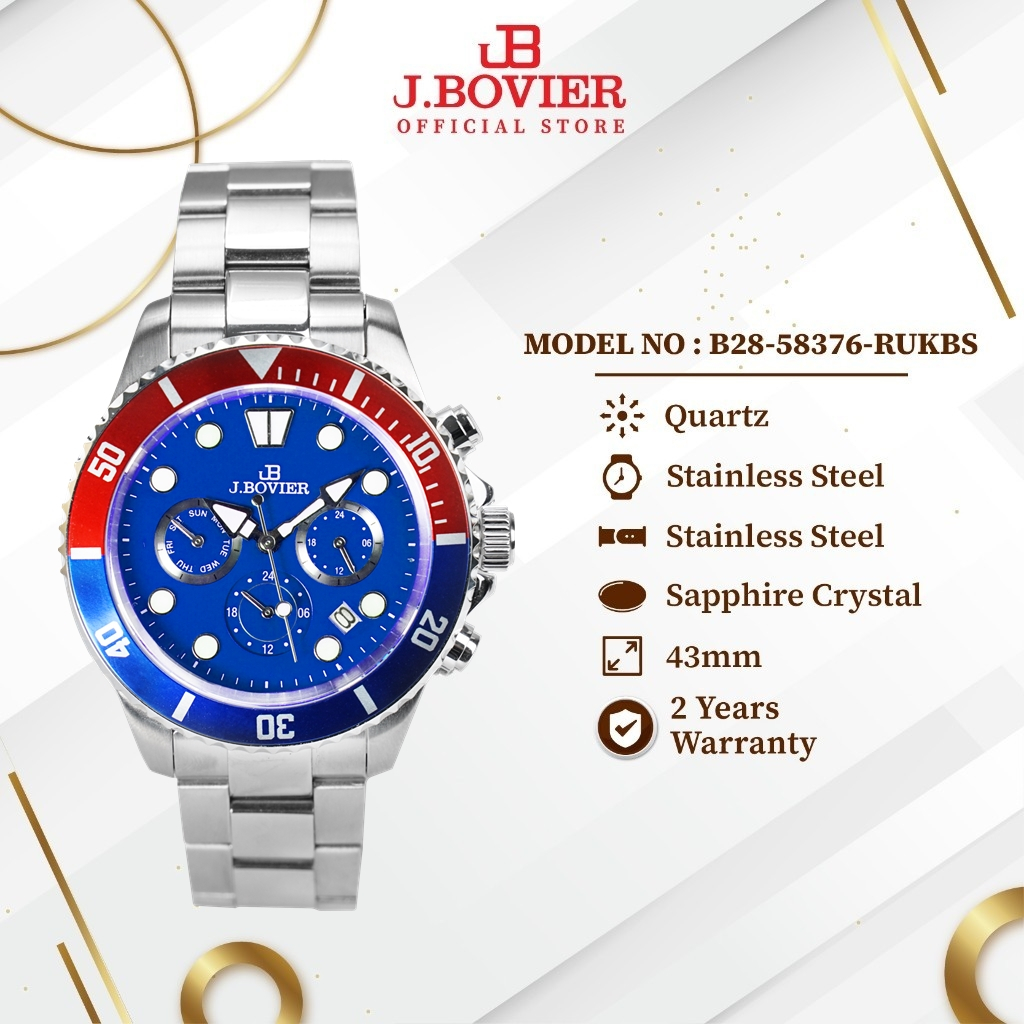 [2 Years Warranty] J.Bovier Stainless Steel Quartz Men Watch Jam Tangan Lelaki B28-58376-RUKBS