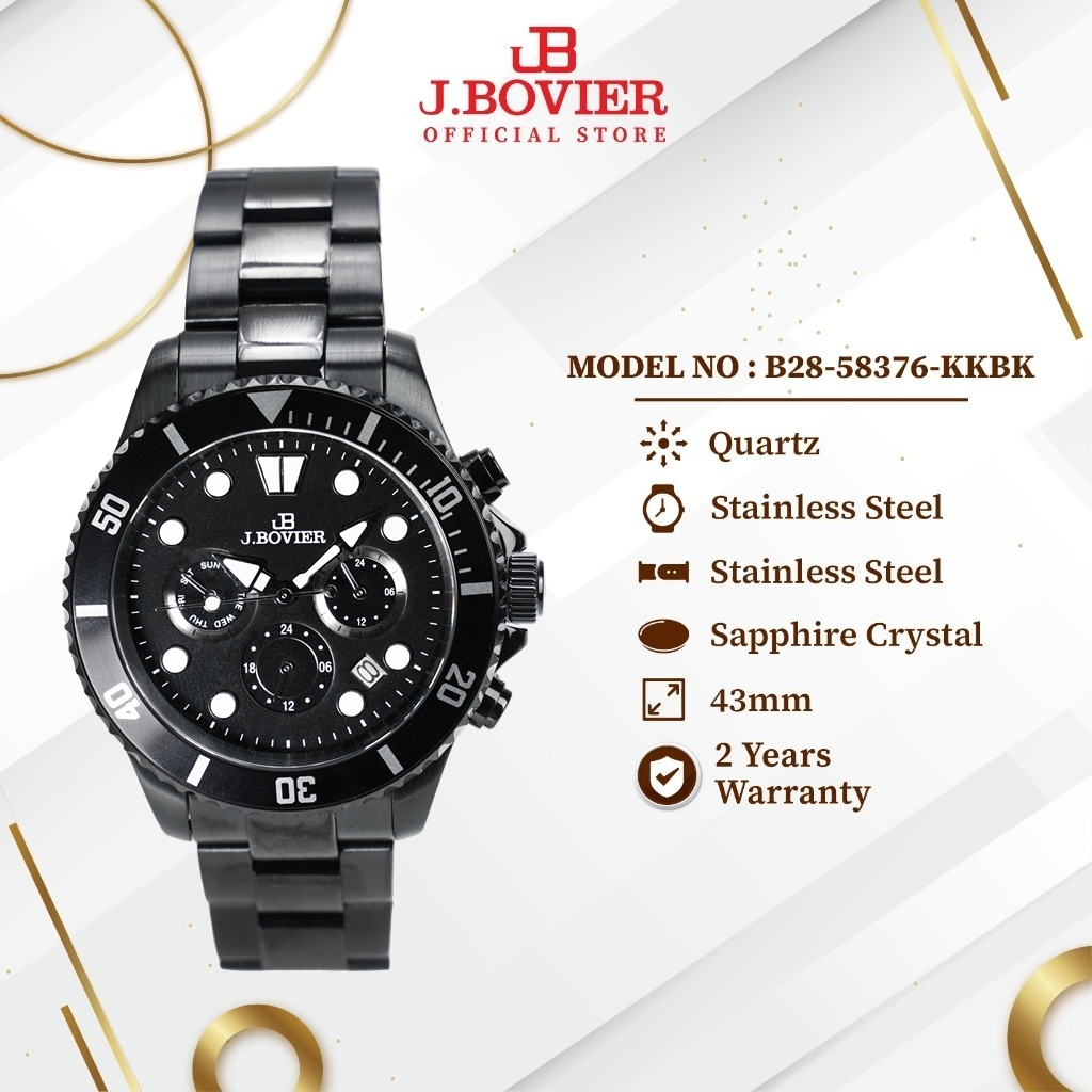 [2 Years Warranty] J.Bovier Chronograph Stainless Steel Quartz Men Watch Jam Tangan Lelaki B28-58376-KKBK