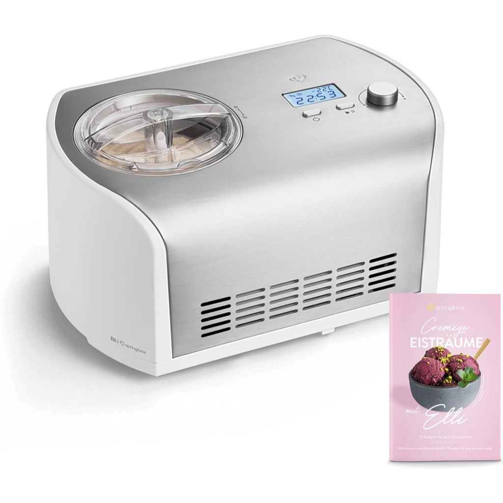 Springlane Elli Ice Cream Maker 1.2L with 135W Self-Cooling Compressor, Stainless Steel Ice Cream Maker