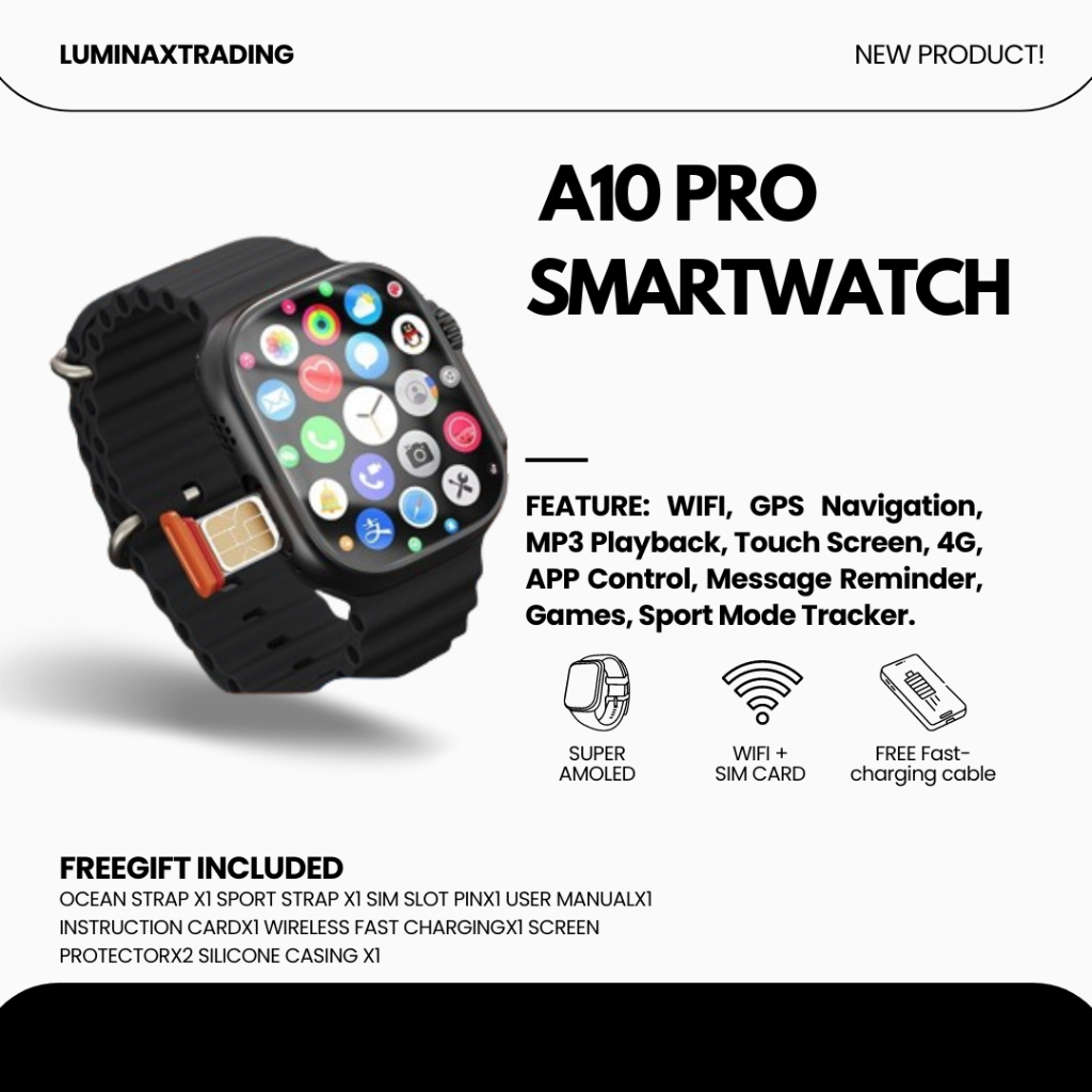 A10 Pro 5g data Smart Watch Simcard + Wifi + 180° Camera + Super Amoled a9 pro smartwatch android playstore gps u16 max