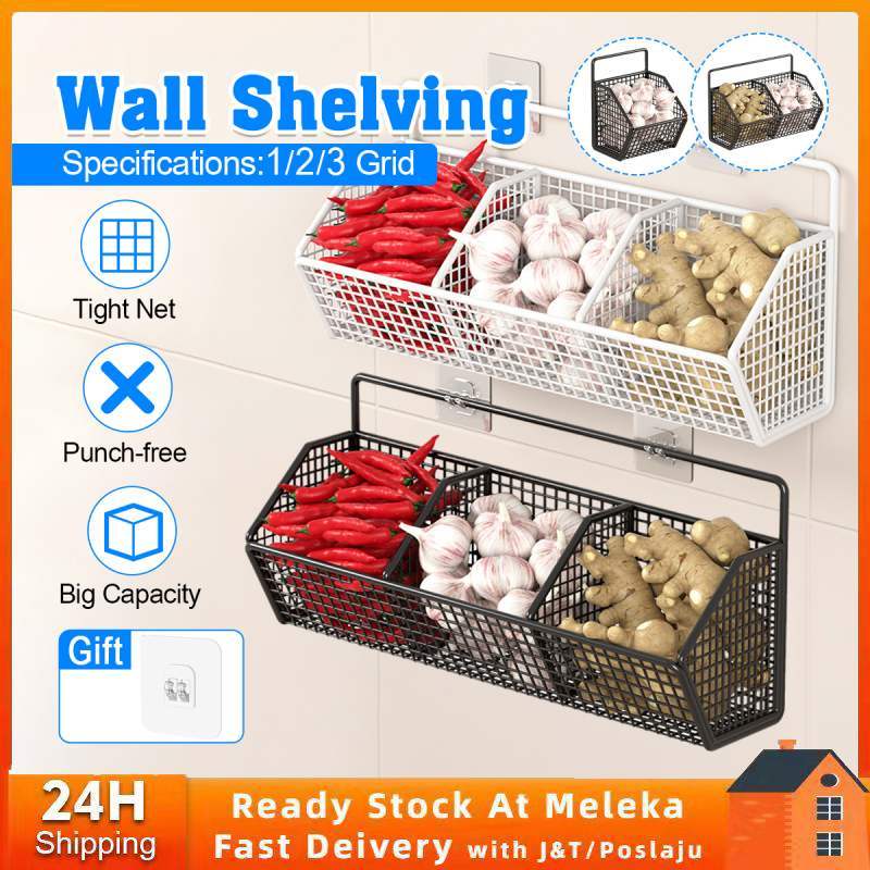 1/2/3 Grids Storage Rack Bekas Bawang Storager Wall Mounted Kitchen Storage Rack Onion Ginger Seasoning Basket Shelf置物架