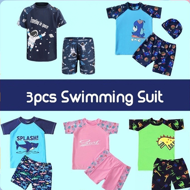 [Shopee Choice] 3 Pieces Short Sleeve Kids Children Boy Girl Cartoon Swimming Swim Suit