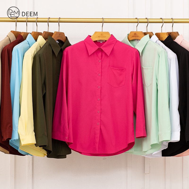 DEEM Lapel Pocket Shirt Versatile Loose Casual Long Sleeve Sunscreen Top kemeja Perempuan Baju Wanita Lengan Panjang