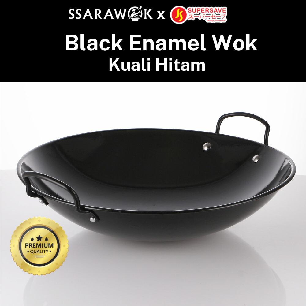 SUPERSAVE Kuali Hitam Wok Enamel Non-Stick Kuali Tak Melekat Cast Iron Wok Kuali Besi Tebal Stir-Fry Black Wok Viral