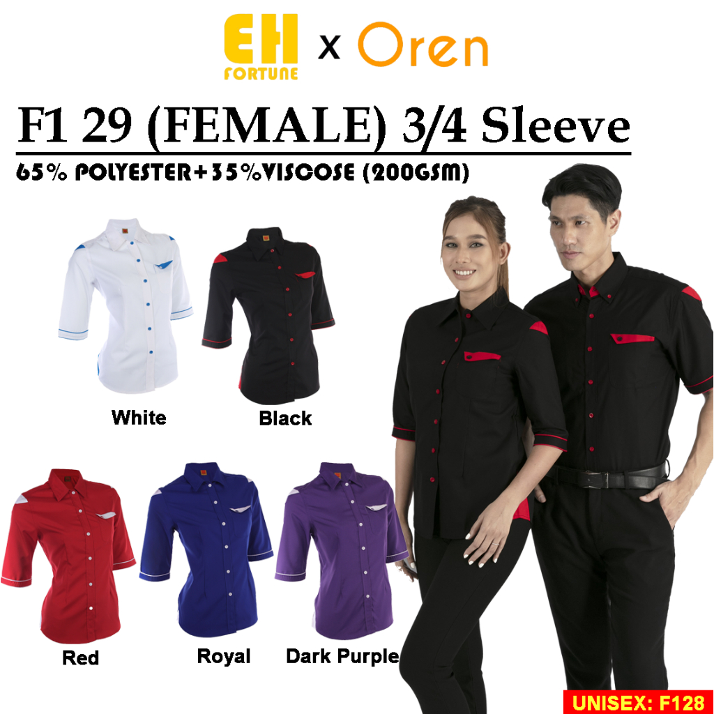 F129 Female Corporate Shirt Uniform 3/4 Sleeve - Royal / White / Black / Red / Dark Purple #Baju Korporat #Oren Sport