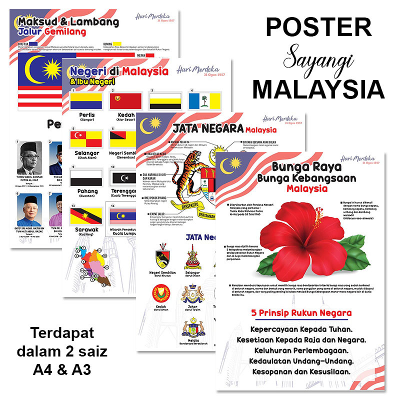 POSTER MALAYSIA-BENDERA, BUNGA RAYA, JATA NEGARA, PERDANA MENTERI