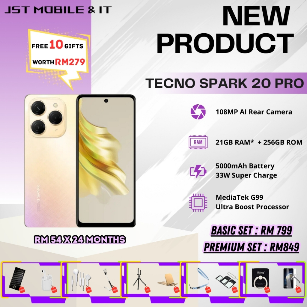 [ READY STOCK | BUY 1 FREE 10 ] Tecno Spark 20 Pro | 21GB* RAM + 256GB ROM | 108MP Dual AI Camera | 5000mAh | 33W Fast