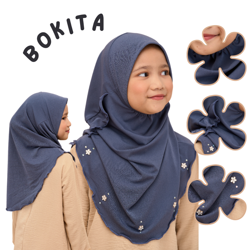 YH (3-9 tahun) BOKITA BUDAK Tudung Sarung Bunga Kids Instant Hijab Moscrepe Flower Tag Umrah Dagu Bergetah