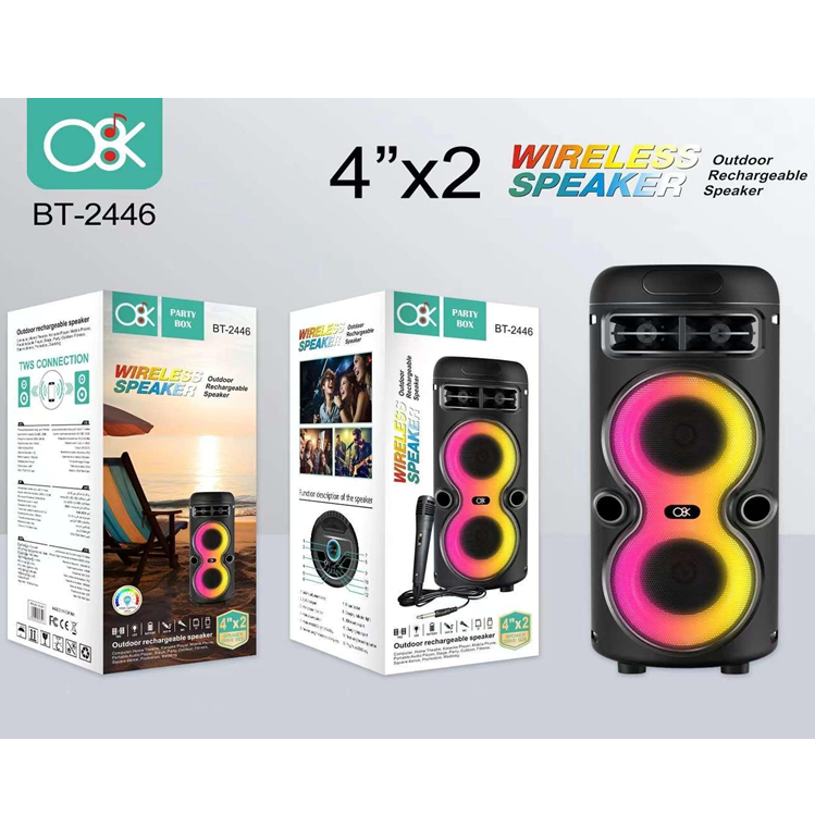 O8K BT-2446 TWS Wireless Bluetooth Portable Speaker with Super Bass RGB FM Radio AUX TF USB Drive