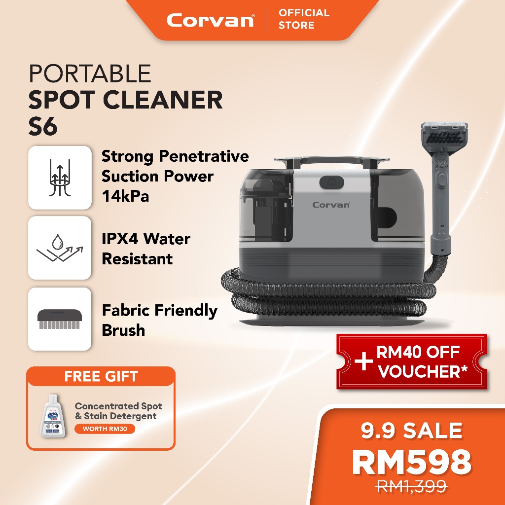 Corvan S6 TurboDry Spot Cleaner: Fabric & Carpet Stain Remover | 5ft Hose | Portable & Lightweight | 1 Year Warranty