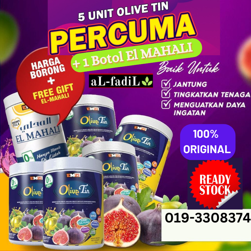 OLIVE TIN SERBUK BUAH ZAITUN & TIN (270 G) 1=RM29.90, OFFER BELI 5 BOTOL, FREE 1 BOTOL El MAHALI PENGGANTI GULA EMZI