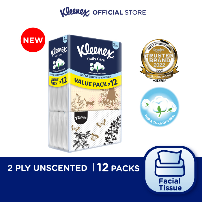 [Bundle of 12] Kleenex Facial Tissue Vintage Softpack 2ply Daily Care - Soft & Gentle Tissue Paper 50s