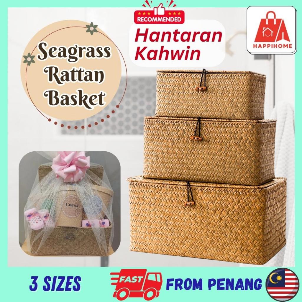 Rattan Basket Hamper Basket Bakul Mengkuang Rotan Handmade Woven Box Bakul Hantaran Kahwin Hidden Storage Box Cover Lid
