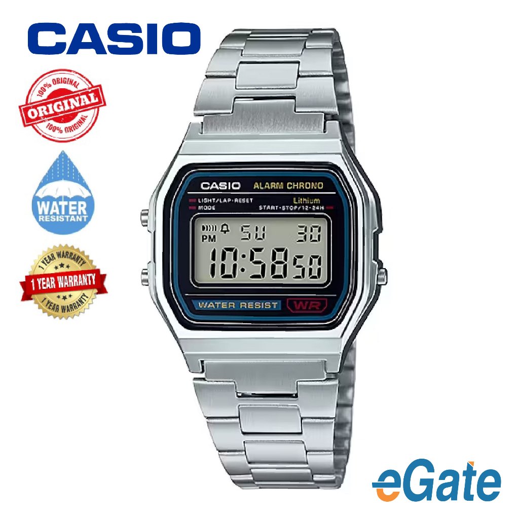 [100% Original] Casio VINTAGE A158WA-1DF Unisex Digital Stainless Steel Strap Casual Watch A158WA [1Year Warranty]