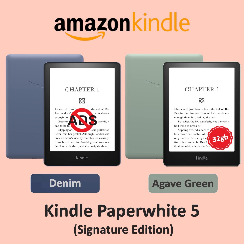 [No Ads] GREEN | DENIM Kindle Paperwhite 5 (11th Gen) - 32GB + Signature Edition