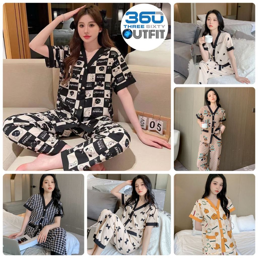 2 in 1 Set Korean Design Pyjamas Women Short Sleeve Silk Sleepwear Pajamas Baju Tidur Perempuan Wanita Pakaian Malam