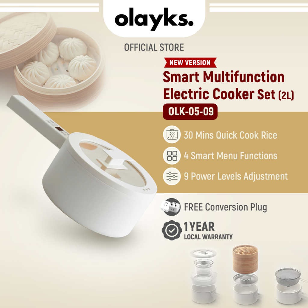 Olayks Multifunction Electric Cooker Can Cook Rice Version Full Set With Bamboo Steamer, Stew Pot (2L) 多功能电煮锅 可煮饭 煎炒 蒸煮