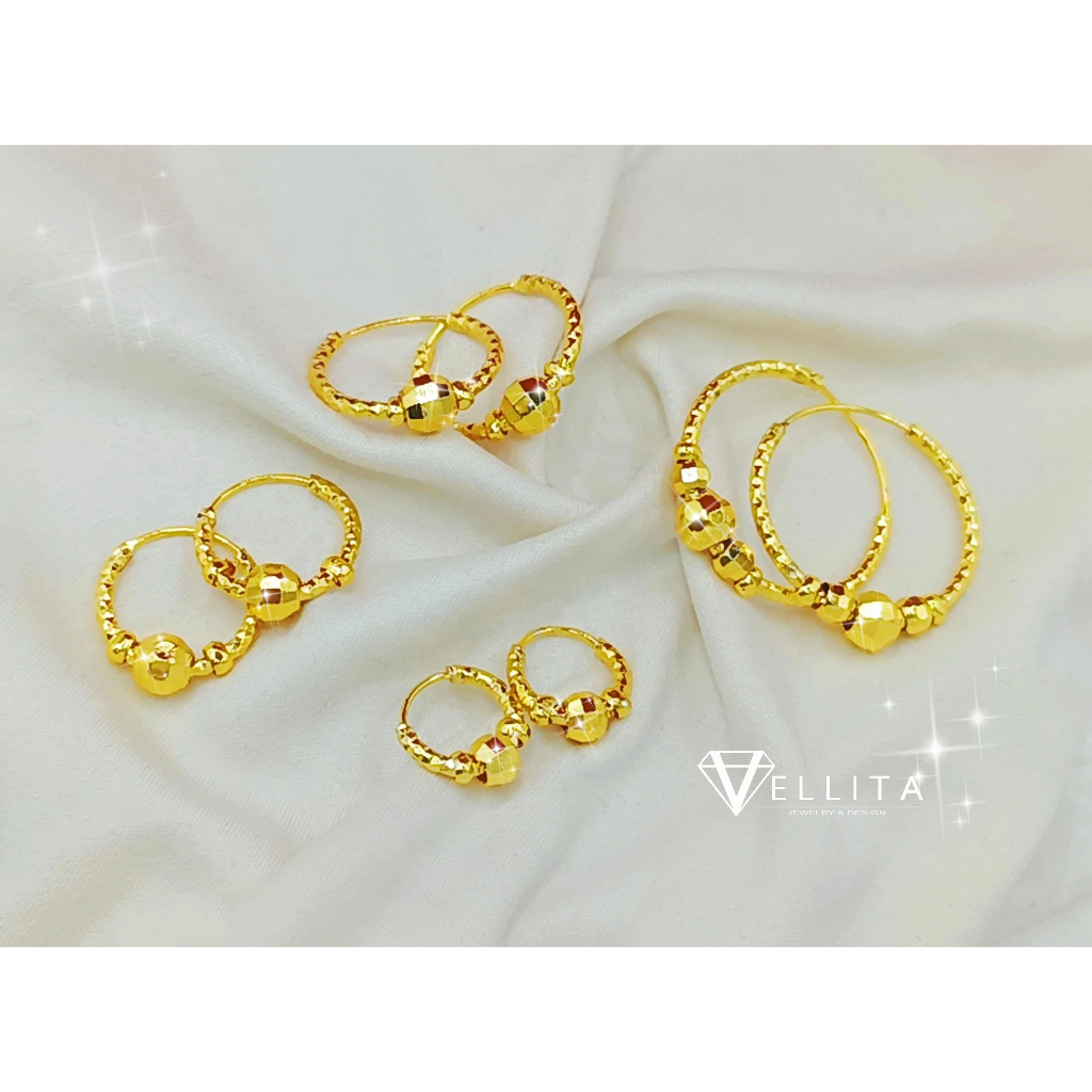 [VJ]Earring "Disco Boba" Hoop 10mm-20mm 999.9 Bangkok Gold Plated Loop Earring(Subang Bulat Emas Bangkok)