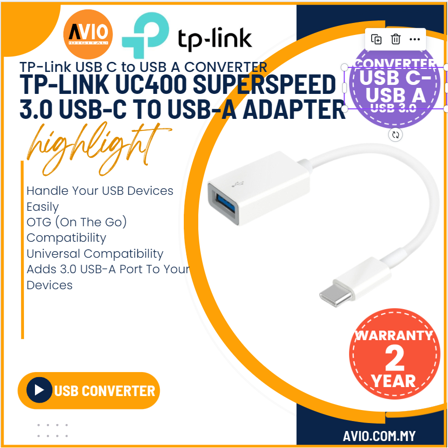 TP-LINK Tplink USB - OTG Converter Connector USB 3.0 Female USB C to USB A Adapter OTG UC400