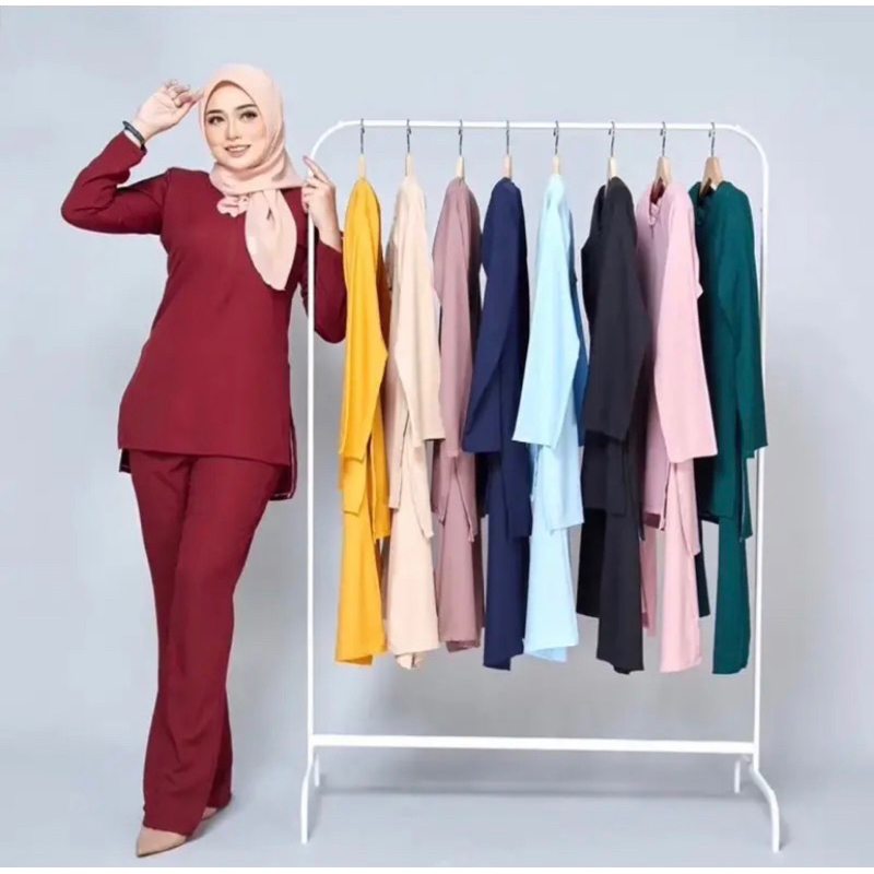 BAJU MUSLIMAH DAN PALAZZO BERZIP DAN POCKET KANAN -CEY IRONLESS  MUSTARD/GREY/BLACK